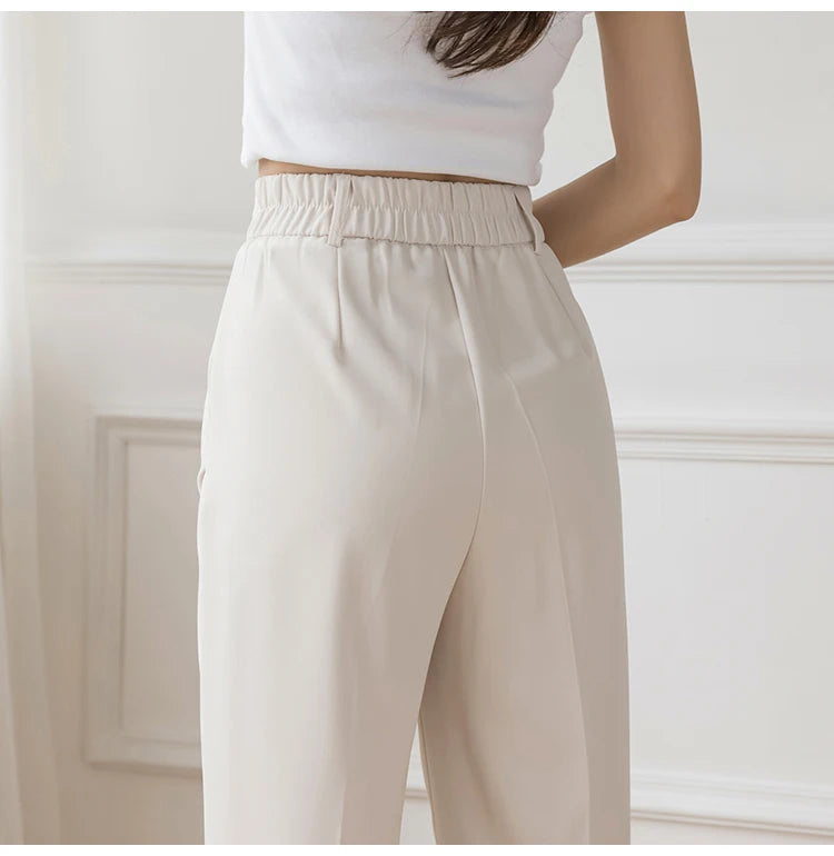 Pantalones de traje informales para mujer, pantalón Harem negro de cintura alta a la moda, con bolsillo estilo coreano, pantalones finos de nueve puntos