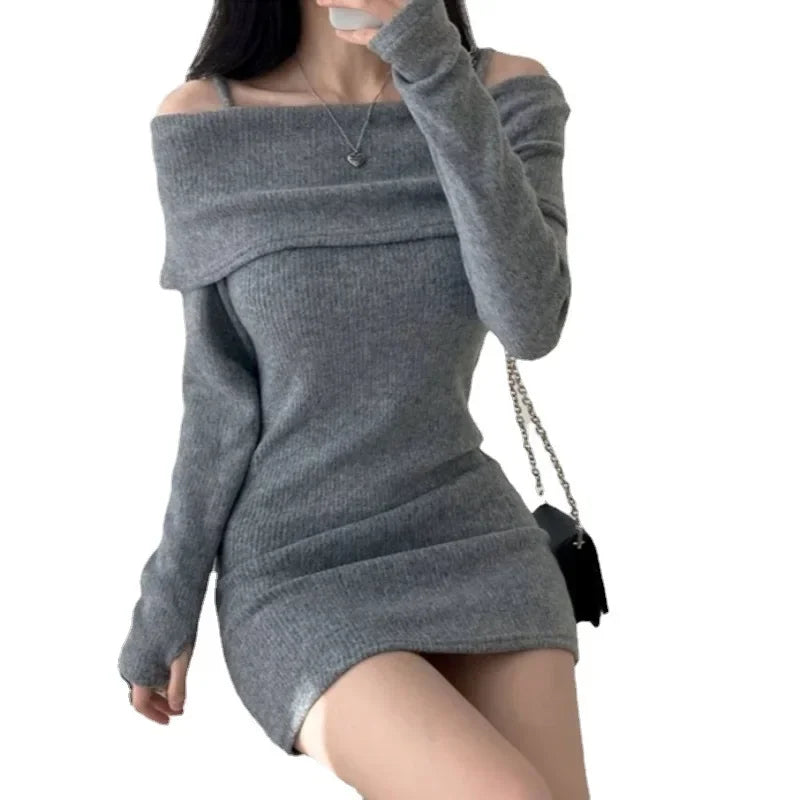 Vestido para invierno hombros descubiertos estilo coreano