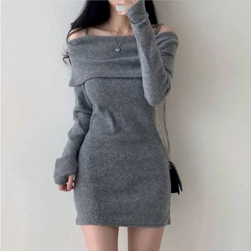 Vestido para invierno hombros descubiertos estilo coreano