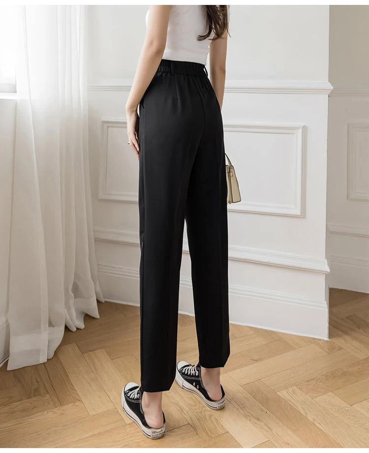 Pantalones de traje informales para mujer, pantalón Harem negro de cintura alta a la moda, con bolsillo estilo coreano, pantalones finos de nueve puntos