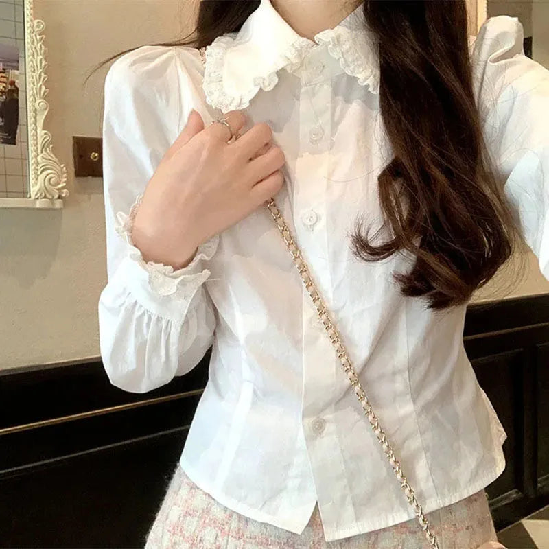 camisa elegante de vestir, con cuello abotonado, de manga larga estilo, coreano