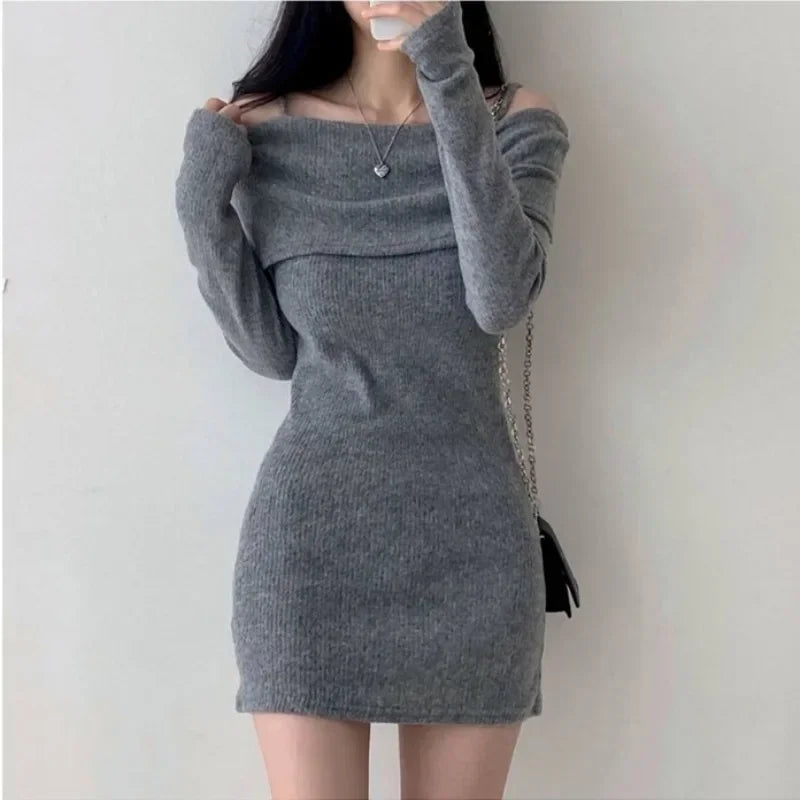 Vestido para invierno hombros descubiertos estilo coreano