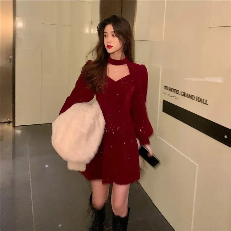 Elegante vestido de terciopelo de color sólido con diseño navideñp, moda coreana