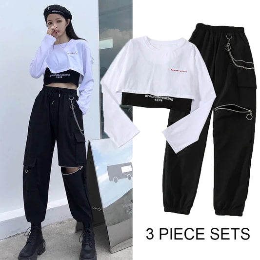 conjunto urbano coreano, pantalones joggers + blusa corta de manga larga con top