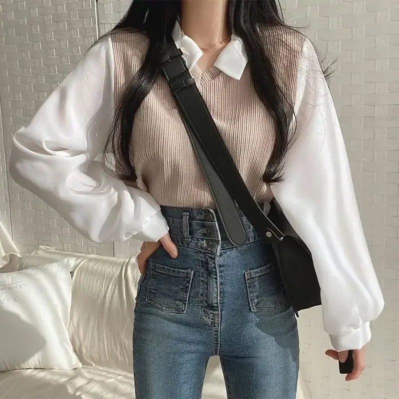 Conjunto de camisa coreana con cuello tipo polo y top