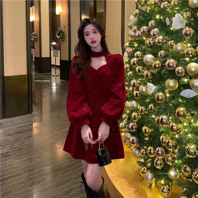 Elegante vestido de terciopelo de color sólido con diseño navideñp, moda coreana