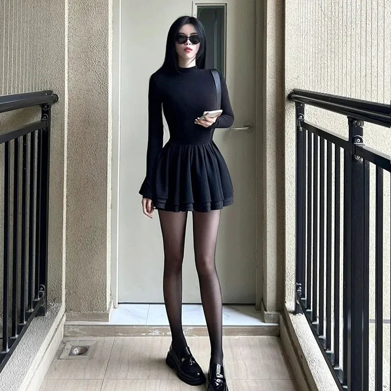 Sexy mini vestido, estilo falda abullonada, de manga larga, coreano