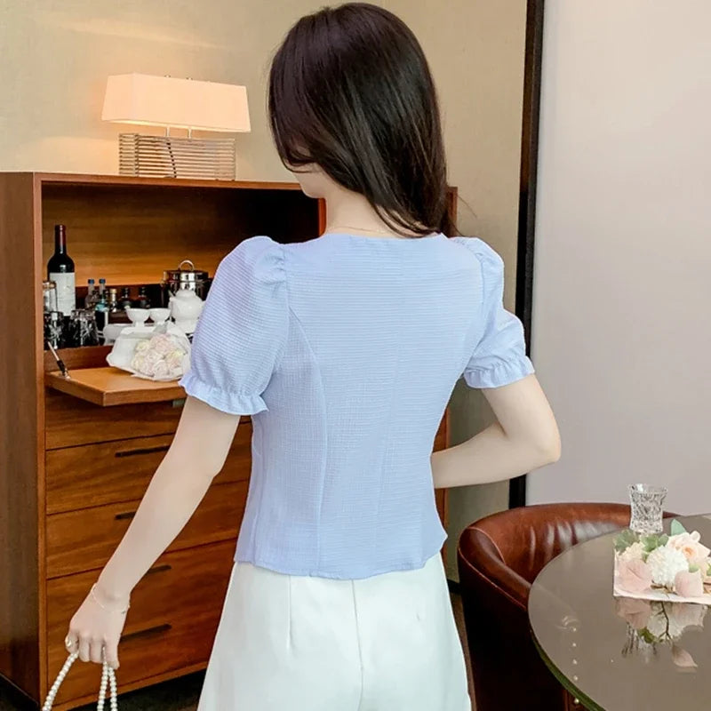 Blusa coreana para mujer ajustada y elegante unicolor