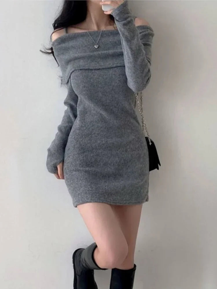 Vestido para invierno hombros descubiertos estilo coreano