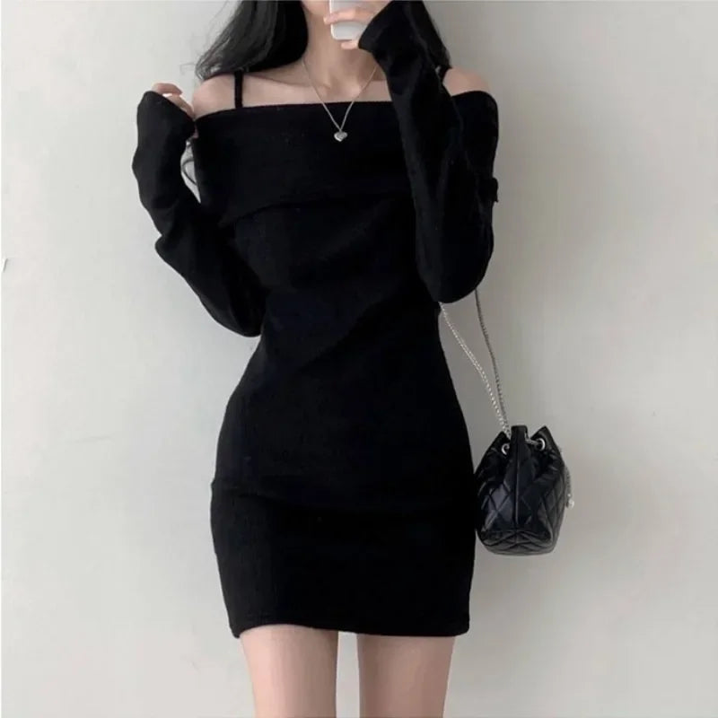 Vestido para invierno hombros descubiertos estilo coreano