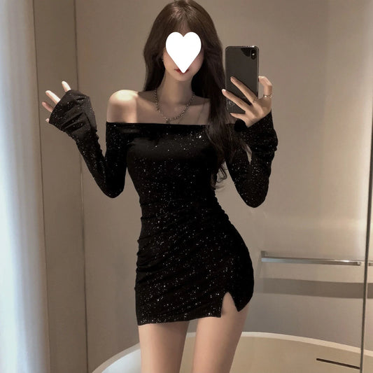 Sexy mini vestido fiestero, de manga larga, con escote estilo coreano